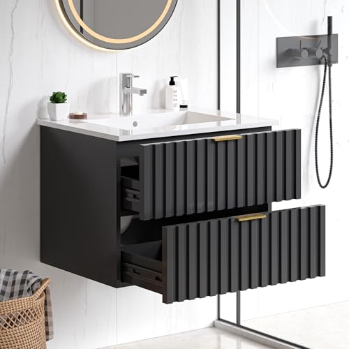 ModernMate Bathroom Vanity with Sink, Wall Mounted Fluted Cabinet with 2 Golden Metal Handle Drawers, Modern Floating Bathroom Cabinet with Ceramic Integrated Basin (Black, 24")