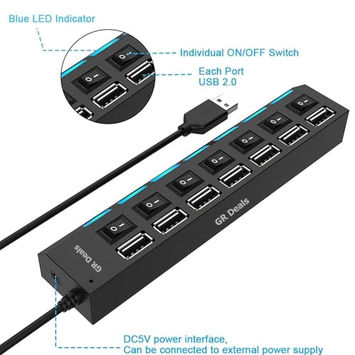 GR Deals USB Splitter Multi Port USB 2.0 HUB, 7 Port with Independent ON/Off Switch and LED Indicators USB A Port Data HUB, Suitable for PC... - Image 2