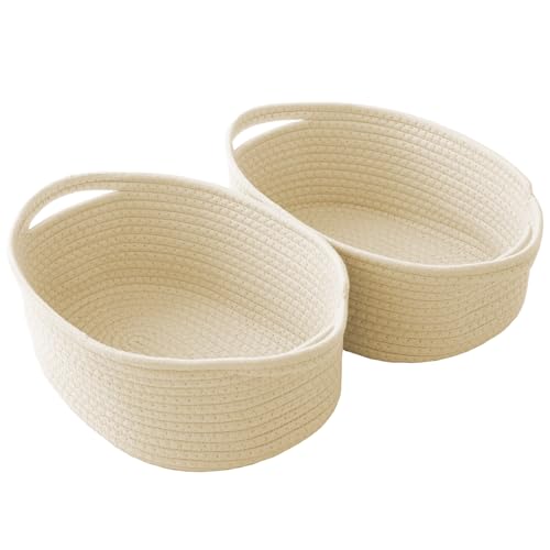 Image of JMvicyroam Small Woven Basket, Empty Gift Basket, Beige /2 Pack | Small Gift Basket, Cotton Rope, 12 x 8 x 10 in, Handles, Includes Ribbon and Bag, Birthday Gift Basket