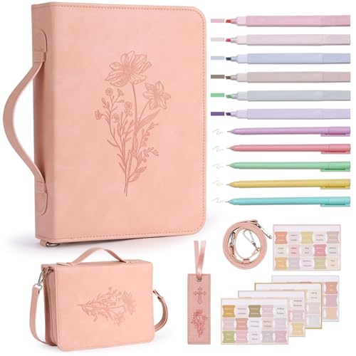 19PCS Floral Pink Leather Bible Cover for Women Bible Cover Cases for Teen Girls Christmas Gift Christian Bags Journaling Kit with Shoulder Strap Highlighter Pens & Book Marker 10.47 * 7.48 * 2.17in