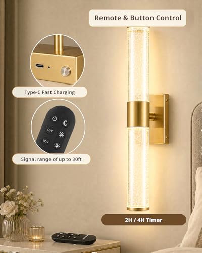 Image of Wall Sconces Set of Two,Guwikou Battery Operated Wall Sconce with 16000mAh Large Capacity,Screw-Mounted,USB-C Charging,Smart Auto, 30ft Remote abd 5 Brightness,for Bedroom Living Room Decor-15.8 Inch