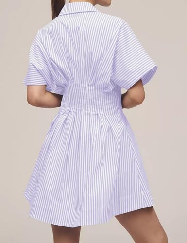 Image of Women Summer Short Sleeve Button Front Pleated Shirt Dress Striped Collar V Neck Casual Y2k Swing Short Mini Dress