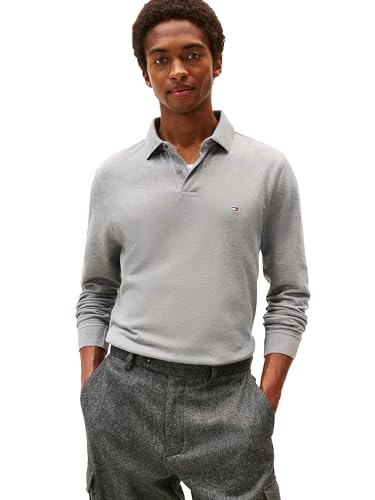 Tommy Hilfiger Polo à Manches Longues pour Homme, Coupe Droite, en Coton piqué Stretch et Bio, Gris chiné Moyen, Taille M