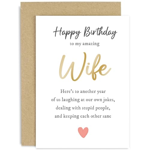 Image of Old English Co. Funny Birthday Card for Wife - Cute Sentiment Joke Humour Birthday Gift for Her - 'Another Year Laughing At Own Jokes' Card | Blank Inside