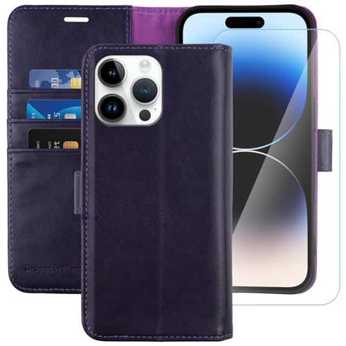 Image of MONASAY Vegan Leather Fit for iPhone 14-Pro 5G Wallet Case, 6.1-inch, [Glass Screen Protector Included] [RFID Blocking] Flip Folio Phone Cover with Credit Card Holder,Purple