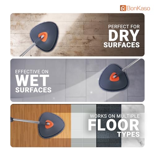 Image of BonKaso 360 Spin Mop with Drop Bucket Deluxe System Set and Reusable Microfiber Pads for Wet & Dry Glass, Wall, Tile and Home Floor Cleaning - Grey and Orange