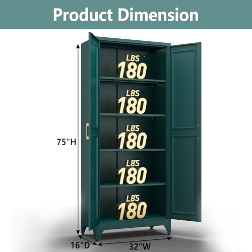 Image of Polup Metal Storage Cabinet,75 inch Tall Kitchen Pantry Storage Cabinet with Doors and Adjustable Shelves, Green Metal Pantry Cabinets, Large Cupboard for Kitchen, Dining Living Room, Bathroom, Office