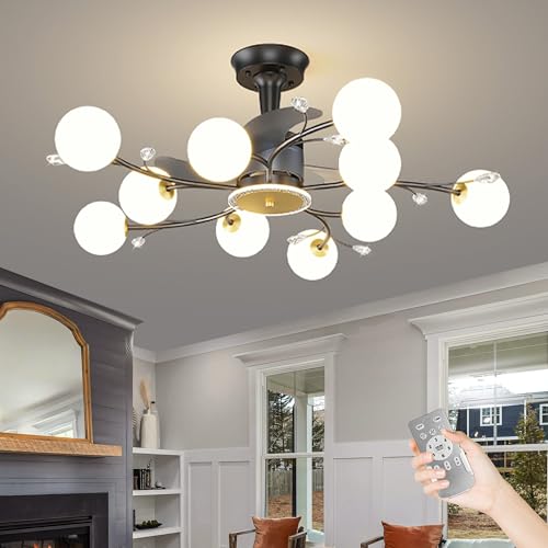 Depuley Black Ceiling Fan with Lights and Remote: Glass Globe Chandelier with Fan Crystal - Sputnik Ceiling Fan with 10 Lights for Living Room - 39" Modern Fandelier 3 Color Light