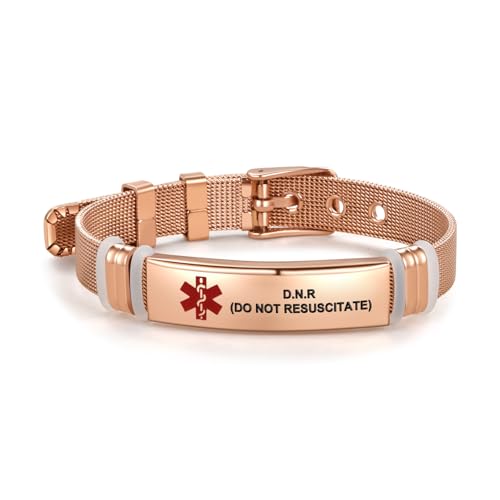LSxAB Bracelet d'identification médicale rouge or rose pour homme et femme - Bracelet réglable en acier satiné - Premiers secours - Gravé au laser