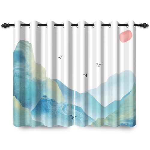 ggaimwf 135x245cm Pintura tradicional con tinta Cortina con ojales Montaña Verde Pintura china Paisaje Separadores de ambientes Opacos Cortinas para Dormitorio Sala de estar Oficina,2 panel individual