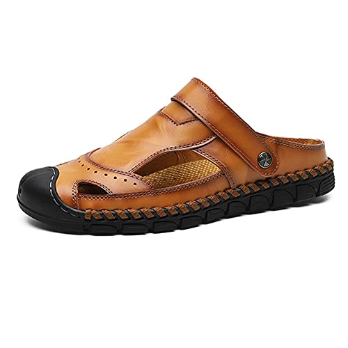 Mens Leather Sandals Casual Closed Toe Sandals Beach Shoes Outdoor Hiking Sandals Fashion Lightweight Waterproof Strap Adjustable Slippers (Yellow Brown)