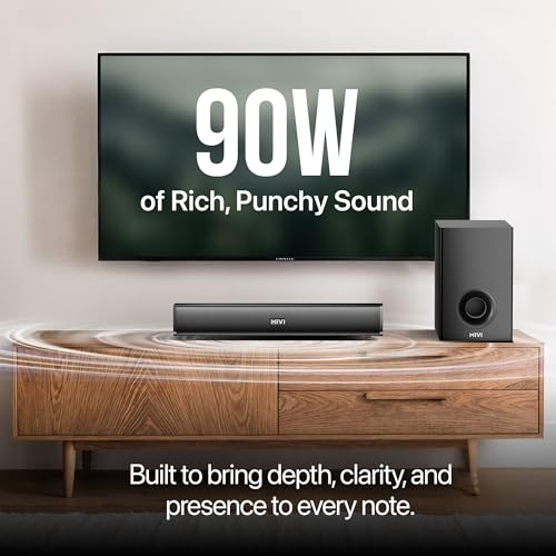Image of Mivi Hip Hop 300 Soundbar with Subwoofer [2025 Launch], 90 Watts Compact Home Theatre Sound Bar and 1 External Sub-woofer, 2.1 Channel, Multiple Input Modes, Bluetooth v5.3, Made in India