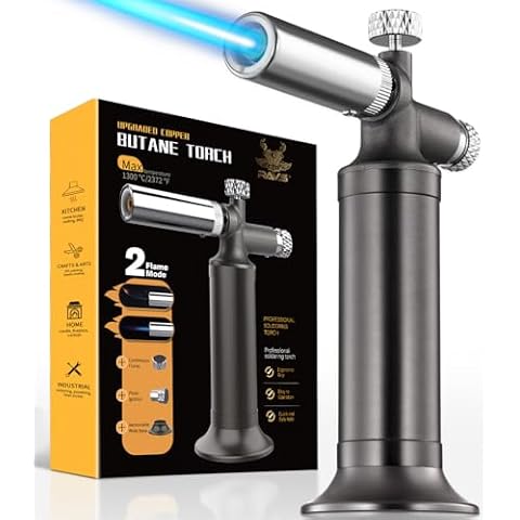 RAVS Butane Torch Lighter, Dual Flame Lighter, Kitchen Torch with Lock, Copper Torch for Soldering, Creme Brulee Torch for Baking, Food Cooking Torch, Mini Blow Torch, Gray- Butane Gas Not Included Cover