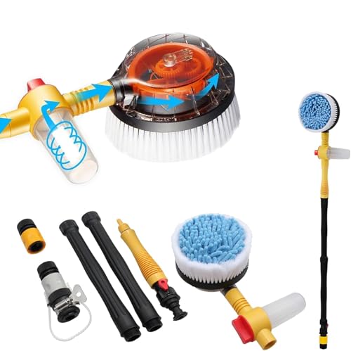 Fochutech Spinning Car Wash Brush Soft Microfiber, Auto Rotate Car Brush Mop with Soap Dispenser, Exterior Car Cleaning Brush Attached to Hose,Soap Dispenser (Yellow)