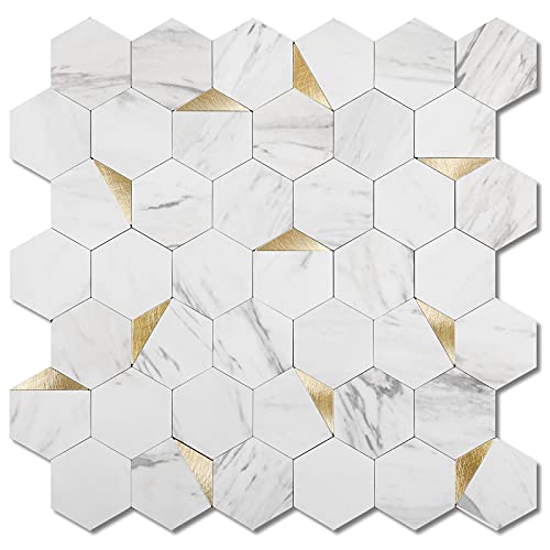 Lagute Peel and Stick Tile Backsplash, Mosaic Tile Aluminum Metallic Self- Adhesive Tile Stick on Tile for Kitchen Bathroom Wall Decor, Hexagon (5, White Marble)