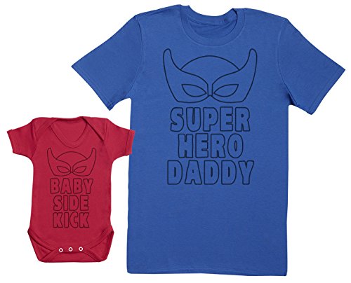 Zarlivia Clothing Baby Sidekick & Superhero Daddy - Ensemble Père Bébé Cadeau - Hommes T-Shirt & Body bébé - Bleu & Rouge - Large & 3-6 Mois