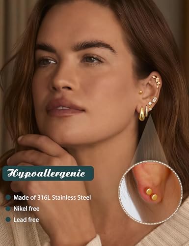 Florideco Gold Flat Back Earrings for Women | 20G Hypoallergenic Surgical Steel Stud and Hoop Earring Set - Cartilage Jewelry for Tragus Helix Daith Conch - Multiple Piercing Ear Stack Set 12 PCS(Single)4