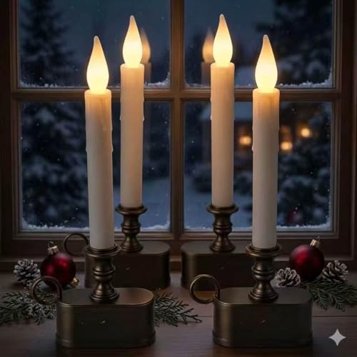 FGDECORJOIE Flameless Window Candles with Timer, Set of 4 Flickering LED Battery Operated Taper Candles with Antique Bronze Chamberstick Holder Bases for Christmas Holiday Home Decor by FGDECORJOIE - Used condition - Image 6
