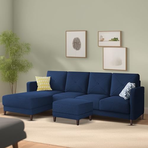 Image of Baloney LHS 6 Seater L Shape Sofa Set with Center Table for Living Room (Blue Fabric) Premium Fabric Sofa