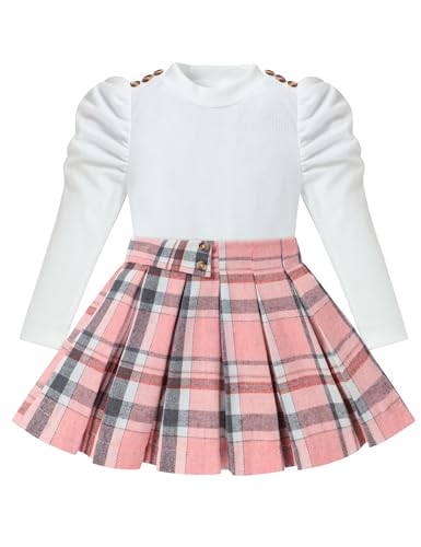 Image of Fuermos Toddler Girl Clothes Puff Sleeve Top and Pleated Girls Plaid Skirt Set 2PCS Girls Outfits Fall Winter
