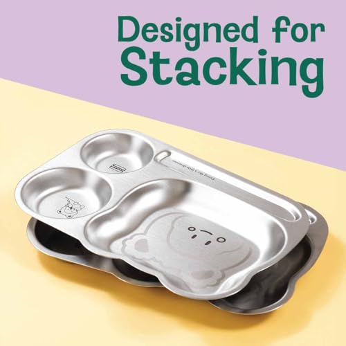 Image of Basil Stainless Steel Plate for Kids - Kids Plates for Food with 3 Compartments - Dinner Plates for Baby - Unbreakable Dinner Plates - Ideal for Birthday, Return Gifting - Funky Dinner Tiger Plate