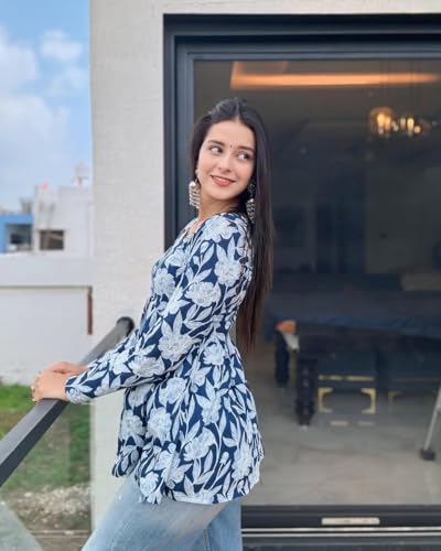 Image of Women's Floral Print Reyon Peplum Top - Casual Loose Fit 3 /4 Sleeve Tunic top, Stylish V-Neck Flared Kurti, Comfortable Everyday Wear
