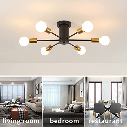 Lustre industriel noir mat 6 bras plafonnier design géométrique