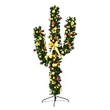 Goplus 7 FT Pre-Lit Artificial Cactus Christmas Tree, Xmas PVC Tree with 160 LED Lights and Ball Ornaments, Seasonal Holiday Decoration Tree for Indoor, Office, Home, Party