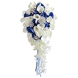 Surakey Wedding Bridal Calla Lily Bouquet, Bride Holding Flower, Handmade Rose White Calla Lily Bouquet with Pearl Rhinestone for Proposal Wedding Church Decoration White Royal Blue