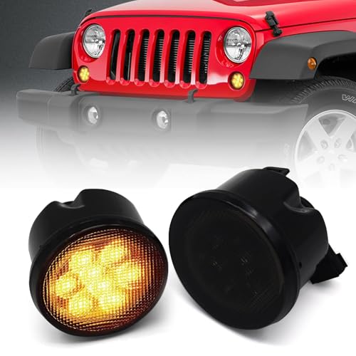 Image of Turn Signal Lights Smoked Lens for Jeep Wrangler 2007-2018 JK JKU | Amber LED Front Blinkers Grill Indicator Parking Lamp (Honycomb Style)