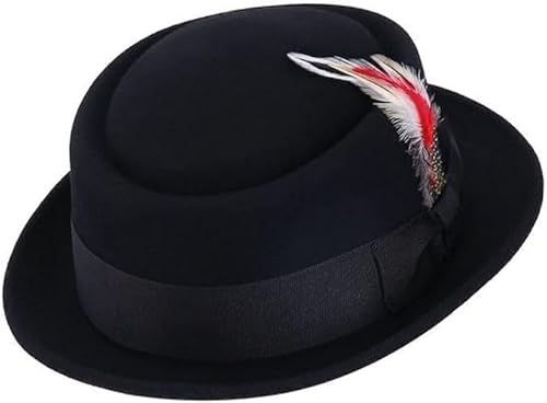 ZAFS Mens Pork Pie Wools Hats Crushable Felt Straw Summer Beach Feather Trilby Hats-Black-M