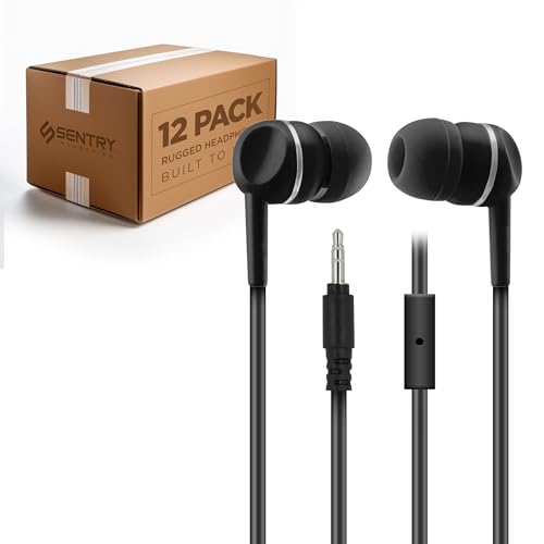 SENTRY Bulk Earbuds with in-Line Microphone, 3.5mm Jack, Pack of 12, Kids, Teens, Adults, Wholesale for Schools, Classrooms, Libraries, Students, Black (12 Pack, 12, Pack)