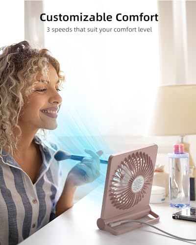 Image of Koonie USB Desk Fan, Strong Wind Ultra Quiet Small Mini Fan | 220 Tilt Folding & 3 Speeds Adjustable, USB-C Powered Personal Fan for Home Office Desktop, Pink, NO BATTERY