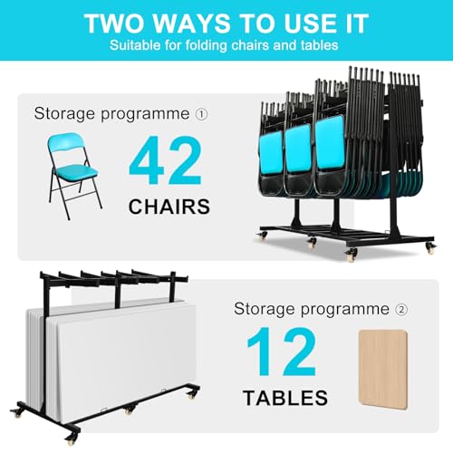 Image of Folding Chair Cart Holds 42 Chairs, 500-lb Capacity Heavy-Duty Folding Chair Rack with Locking Rubber Wheels for Churches, Banquets, and Weddings