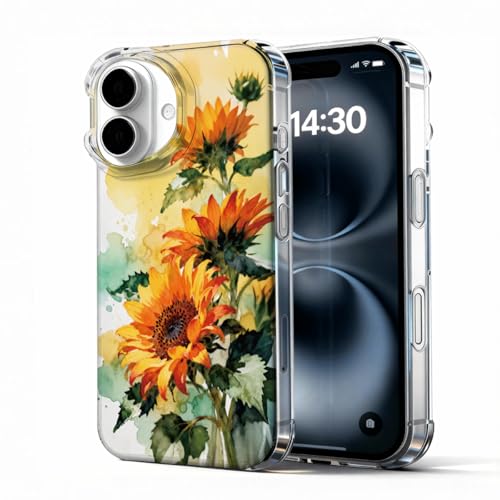DTJHTBJY for iPhone 16 Case, Floral Clear Cases for iPhone 16, Cute Floral Pattern Flower Design, Scratch Resistant Shockproof Cover, Aesthetic Phone Cover, Blooming Sunflowers Phone Case（B068）