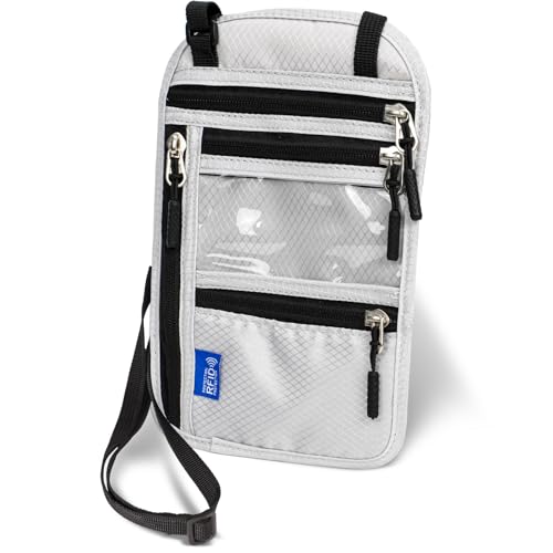 Neck Wallet Passport Holder for Men Women RFID Blocking Water Resistant Hidden Travel Pouch with Adjustable Strap Holds Phone Cards Cash (light gray)