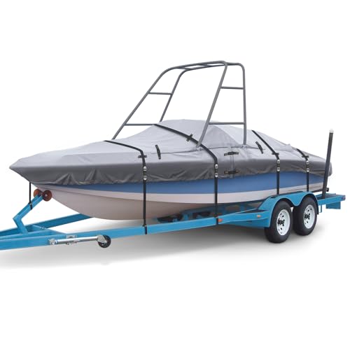 900D Ski & Wakeboard Tower Boat Cover, Waterproof Fade and Tear Resistant Boat Cover, Full Metal Fittings Trailerable Boat Covers 20-22FT Fits V-Hull,Runabout with Ski/Wakeboard Towers