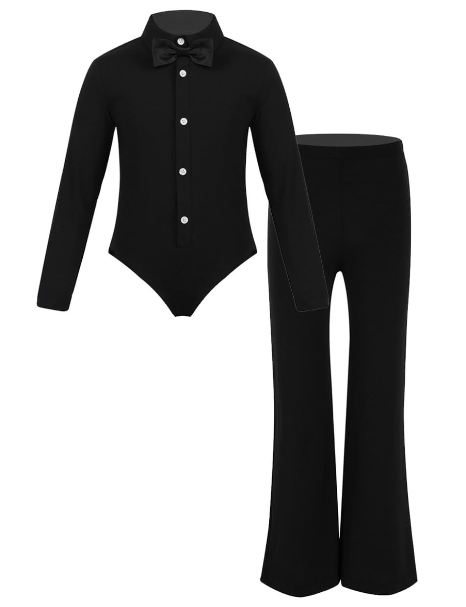 Camicia Body da Ballo Latino Americano Bambini Leotard da Samba Rumba Danza Standard e Pantaloni a Palazzo da Tango Valzer Abito Pattinaggio Artistico
