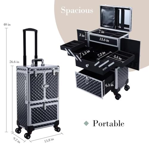 Image of SHAMAX Professional Rolling Makeup Case, Cosmetic Organizer Trolley, Manicure Storage Vanity Locks - Trolley for Hairdressers, Salons, Beauty Lovers - 360 Universal Wheels (8173)