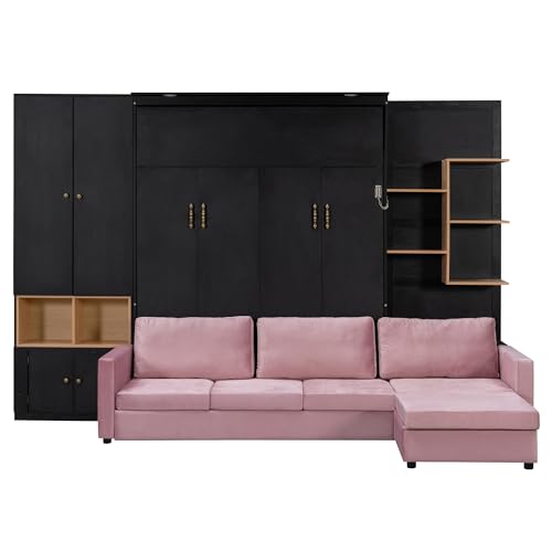 Harper & Bright Designs Queen Murphy Bed with Sofa and Storage, Wall Bed with Shelves & Cabinets, Space-Saving Folding Bed with Dual LED Lights for Home Office, Guest Room, Small Apartment, Black+Pink