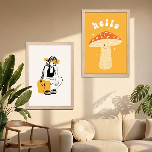 Image of NoWorries Aesthetic Pop Art Wall Framed Painting Set | Girl Illustration & Cute inchHello inch Mushroom Art Prints | Premium 300 GSM Paper Print with Synthetic Wooden Frames | Modern Abstract Wall Decor for Living Room, Bedroom & Office (Set of 2) (NATURAL, ART-1, 10X13INCHES)