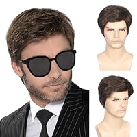 TSHAOUN Herren Perücke Braun Perücke Kurze Herrenperücke Gelockte Herren Boyband Perücke Kostüm Natürliche Daily Kurz Perücke mit Sonnenbrille, 70er 80er Disco Täglich Halloween Perücke (Braun)