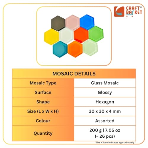 Image of Assorted Colours Glass Mosaic Tiles (20 Variations) (All Packs: 100 g,200 g,500 g), DIY Mosaic Art, Decoration, Crystal Glass Mosaic Tiles (Glossy Hexagon 30 x 30 mm), 200 g