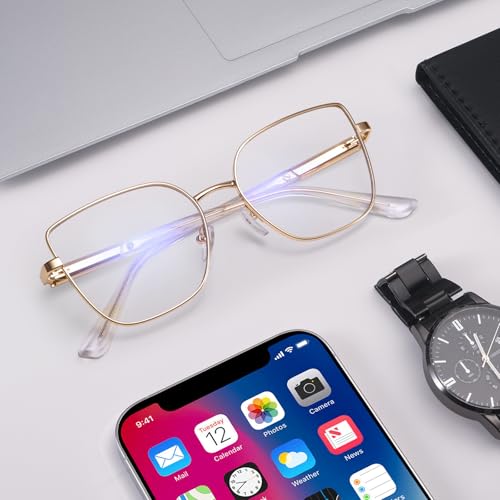 Image of Dollger Square Blue Light Blocking Glasses for Women Trendy Oversized Computer Gaming Eyeglasses Cat Eye Metal Frame bluelight glasses Gold