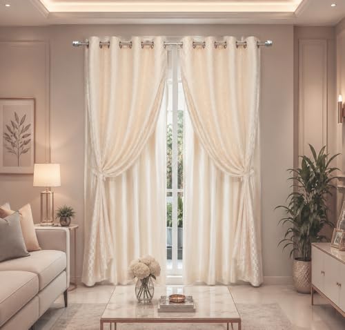 Image of Double Curtains 2 in 1 Embroidery Transparent Curtain with 80% Blackout Curtain Best for Every Interior Living Room (Mustard 8ft Set 2)