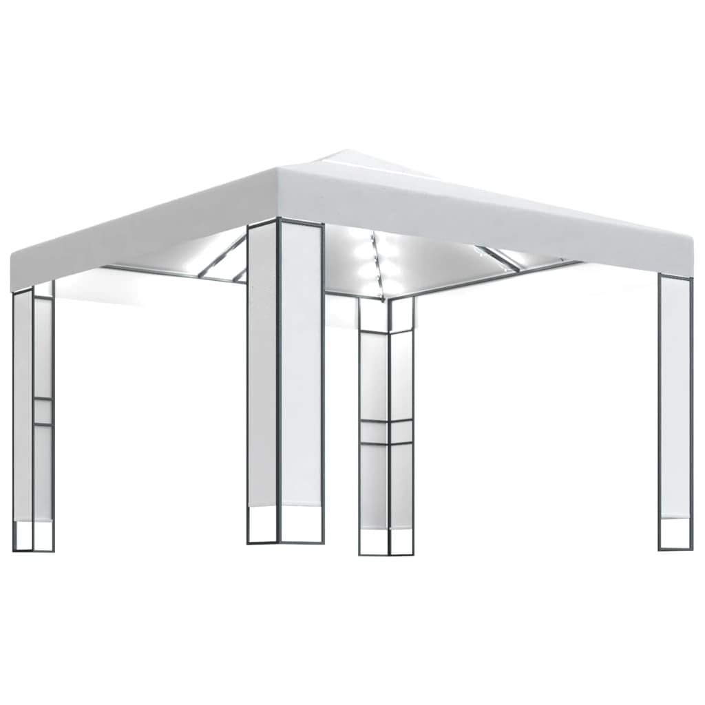Pavillon 3x3 m mit Doppeldach und Solar-Lichterkette, Stabiler Gartenpavillon aus pulverbeschichtetem Stahl, Elegantes Partyzelt für Garten und Terrasse, Weiß