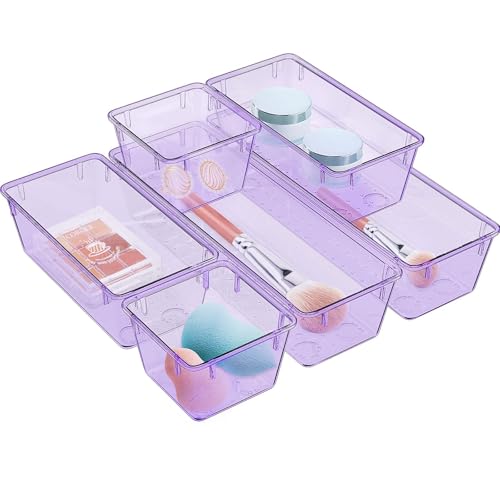 Image of WOWBOX 6 Pack Clear Drawer Organizer Set, Acrylic Drawer Storage Trays, Storage Bins for Makeup, Cosmetics, Jewelries, Utensils, Gadgets, Office, Purple