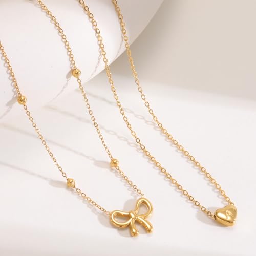 KSF Gold Bow Necklace for Women - Layered Bow Heart Gold Necklace for Women Trendy Dainty 14K Gold Plated Heart Initial Choker Chain Layered Bow Pendant Jewelry Gifts4