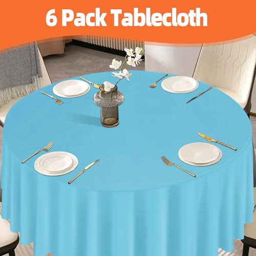 Image of tujol Light Blue 6 Pack Plastic Table Cloth 84 inch, Disposable Round Tablecloth Table Cover, Plastic Tablecloths for Parties