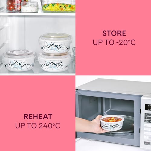 Image of Larah by BOROSIL Zeus Lunch Box with Bag | 3pc Round Container Set (400ml Each) | Opalware Tiffin Box for Office for Men, Lunch Box for Women | Microwave & Dishawasher Safe | White
